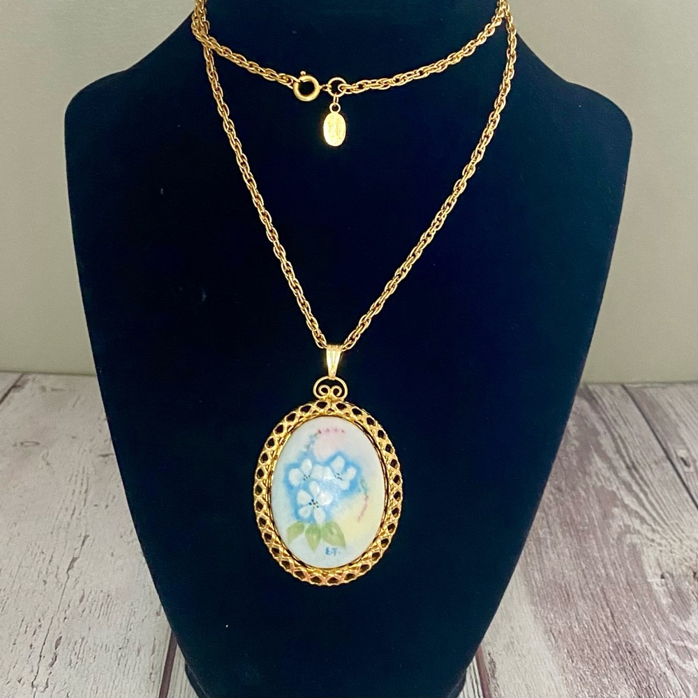 Artist Signed Porcelain Pendant Necklace, 24”